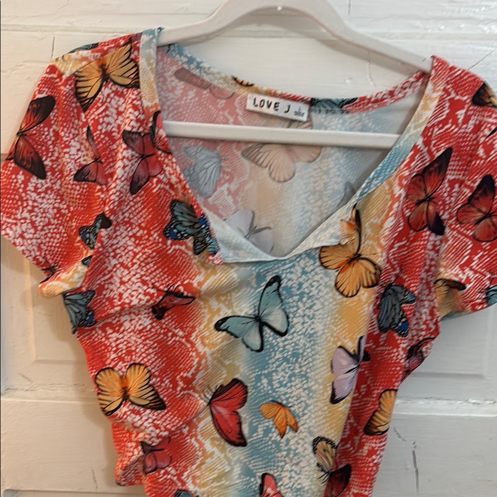 Love J Pink and Blue Flutter Sleeve Fitted Blouse